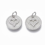 Brass Micro Pave Clear Cubic Zirconia Charm Flat Round with Heart 