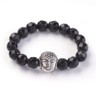 Natural Gemstone Stretch Rings, with Alloy Buddha